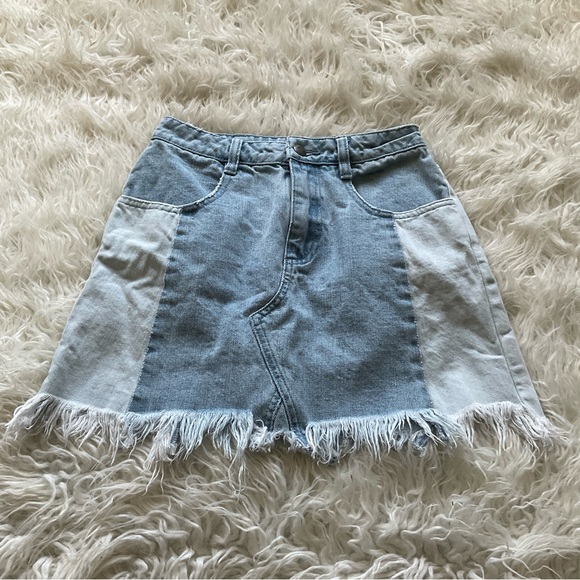 Free People Colorblock Frayed Denim‎ Skirt - Picture 1 of 4